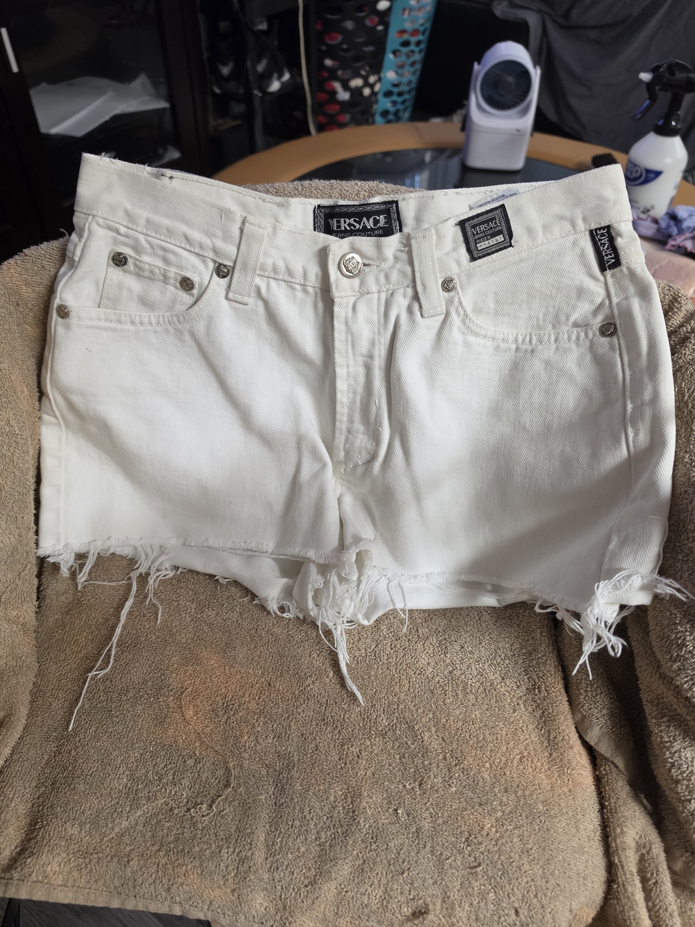 Vintage Versace White Frayed Denim Cutoff Shorts Size 29 (IT43)